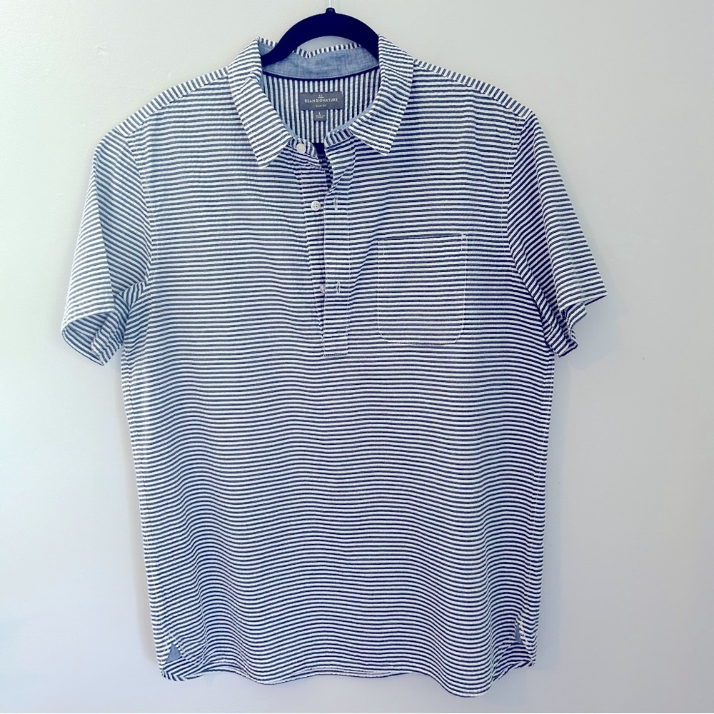L.L. Bean signature 3/4 button down seersucker shirt size L slim fit